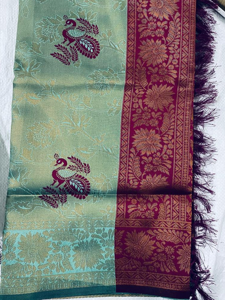 Sea Green & Wine Maroon Jacquard Woven Floral Peacock Design Saree