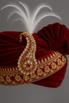 Royal Maroon Velvet Groom Safa with Feather & Stone Brooch