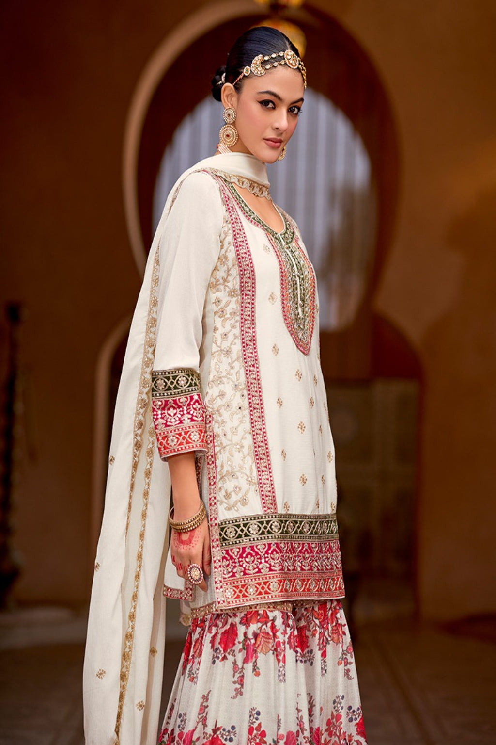 Elegant Off-White Floral Embroidered Sharara Suit for Women