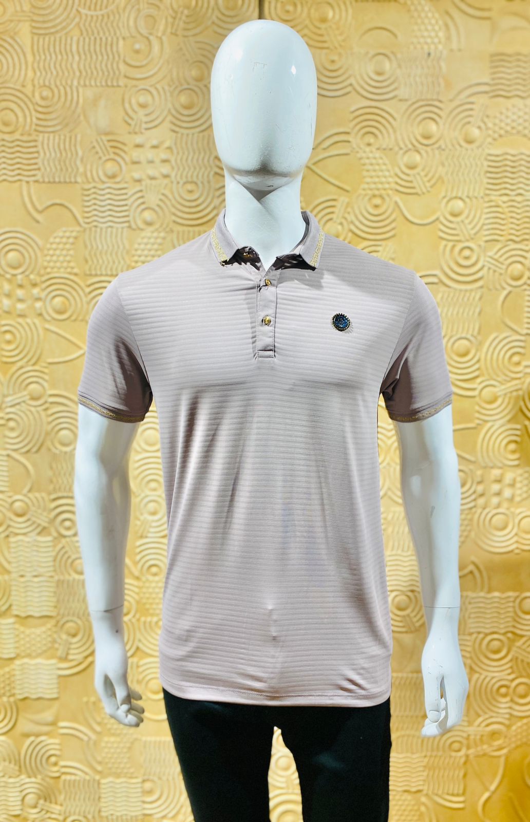 Men’s Premium Striped Polo T-Shirt with Designer Collar & Badge – Soft Stretchable Fabric