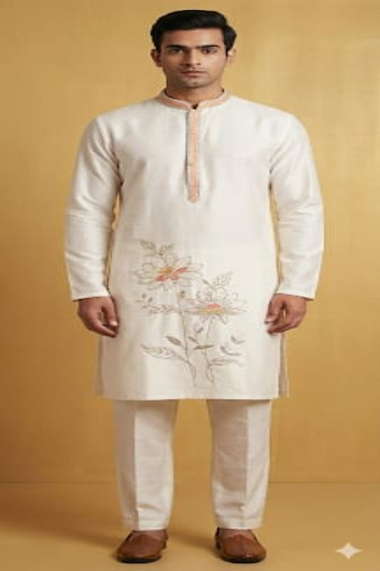 Elegant Cream Embroidered Kurta Set for Men