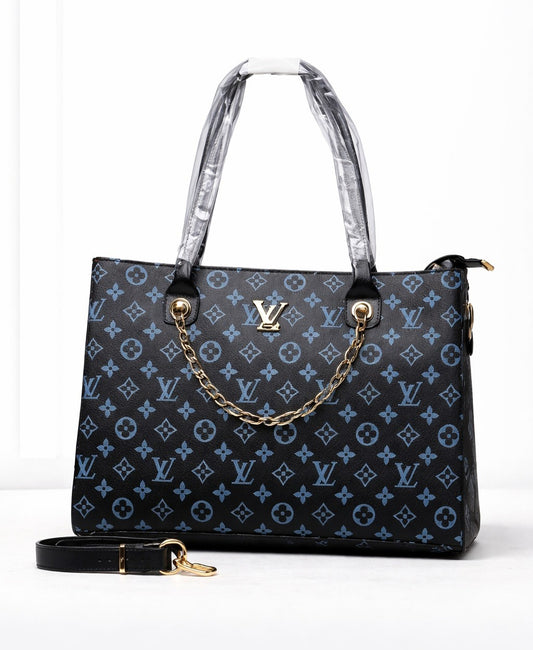 Premium PU Leather Black Monogram Printed Handbag