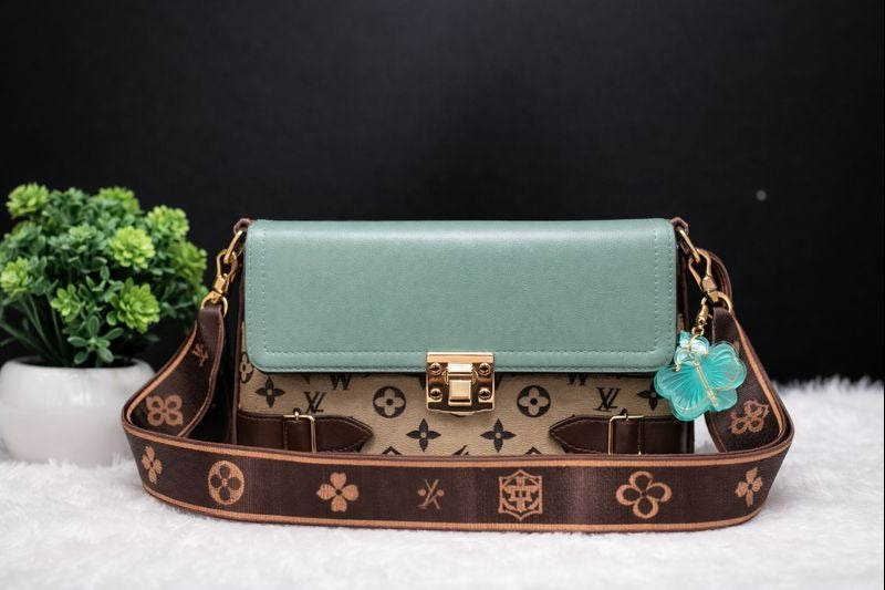 Premium PU Leather Mint Green Monogram Printed Sling Handbag