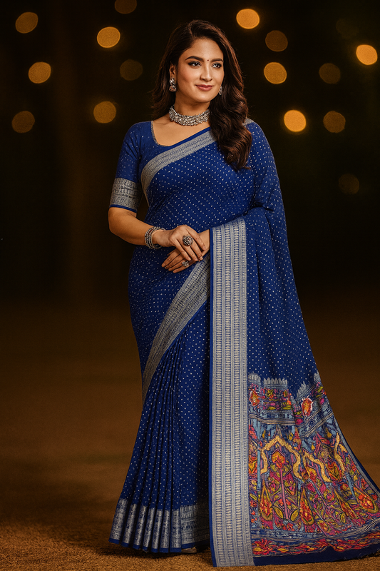 Bandhani Style Saree With Silver Zari Border