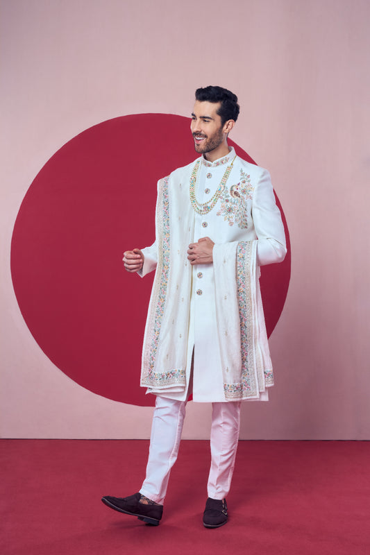 Royal White Embroidered Sherwani – Crafted Just for You. Minimum Delivery: 20 Days