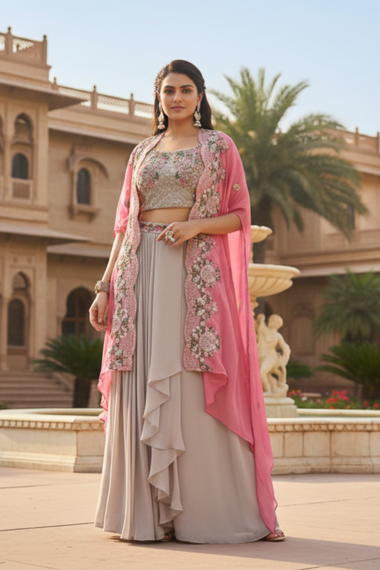 "Ivory & Pink Embroidered Georgette Cape Sharara Set"