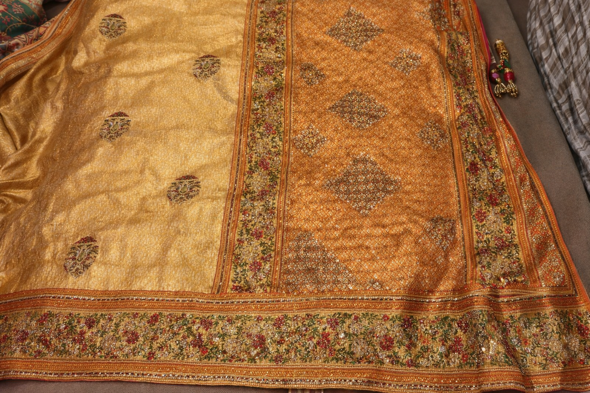 Golden Mustard Shimmer Tissue Silk Saree with Butti Motifs & Floral Printed Border