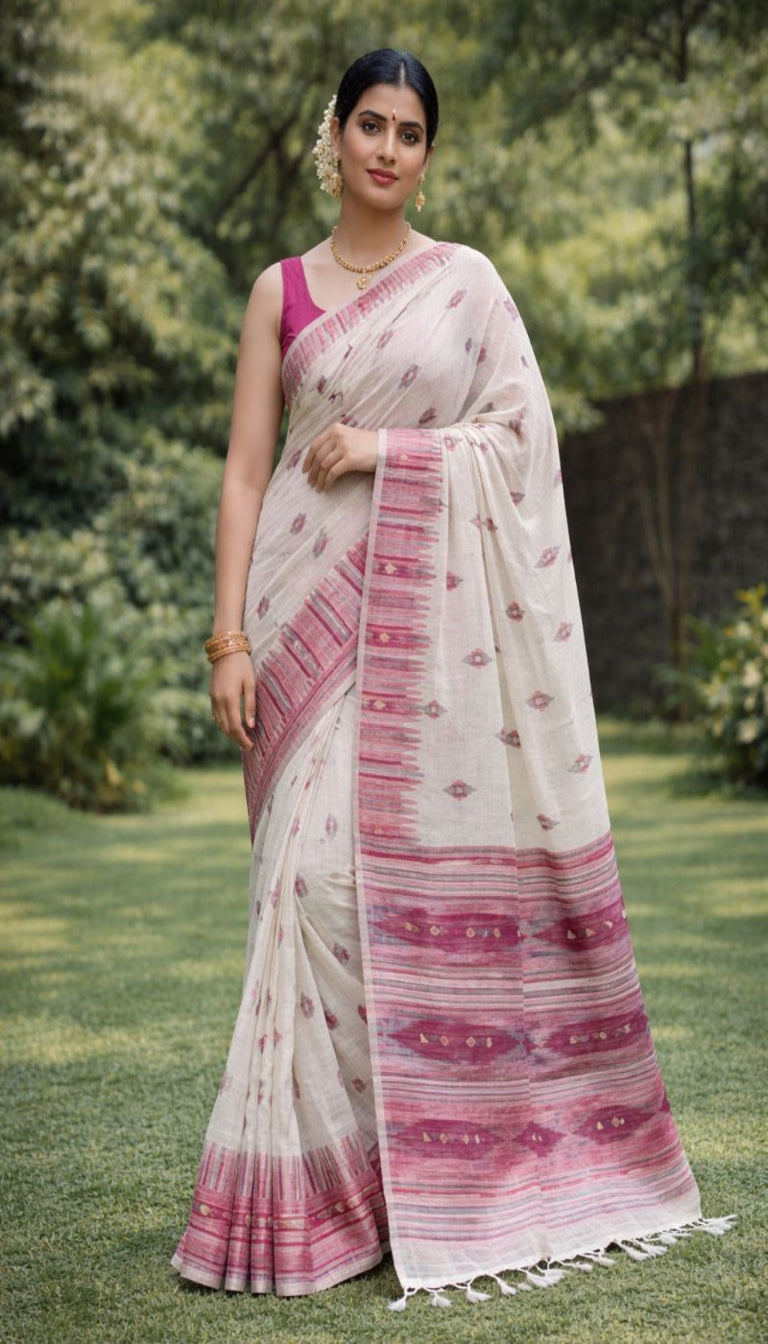 Ivory Cotton Silk Saree with Ikat-Inspired Border