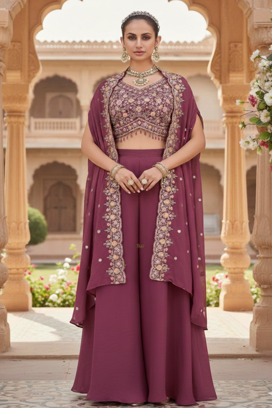 Purple Embroidered Cape Style Top & Bottom"