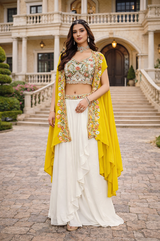 White and Yellow Cape with Sharara and Crop Top Set