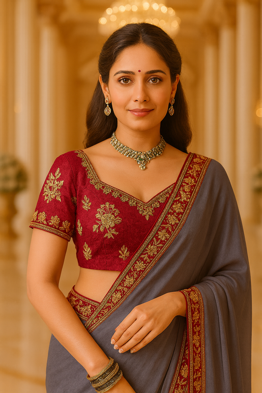 Plain Embroidered Border Saree