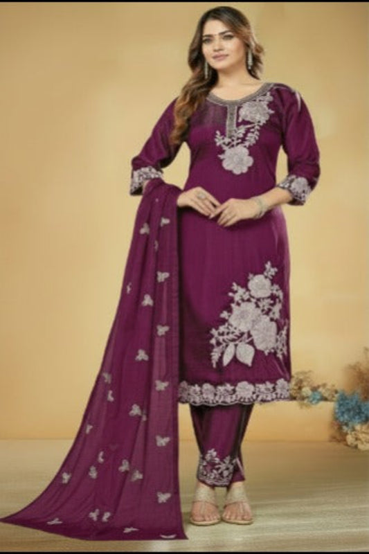 Plum Purple Embroidered Straight-Cut Suit with Net Dupatta