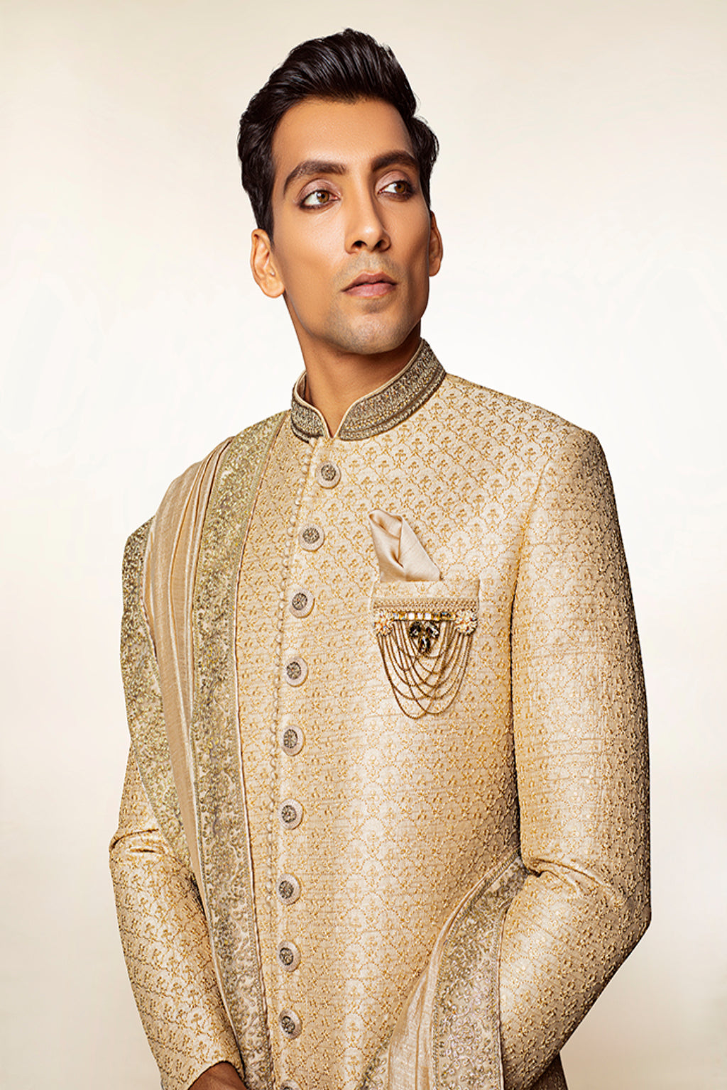 Golden Embroidered Sherwani with Dupatta - Crafted Just for You. Minimum Delivery: 20 Days
