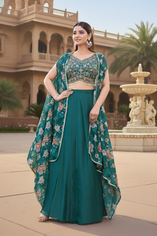 "Teal Blue Embroidered Georgette Crop Top & Sharara with Cape Set"