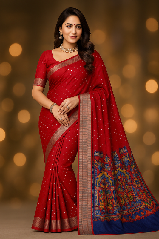Bandhani Style Saree With Silver Zari Border