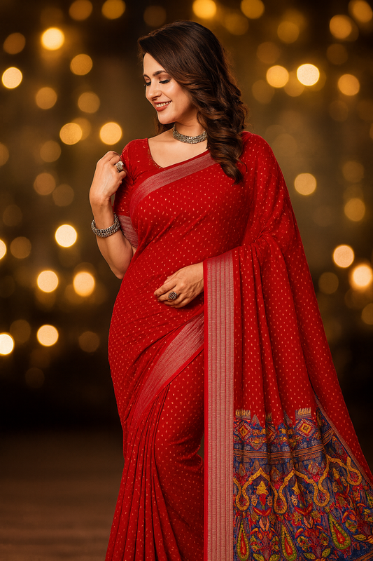 Bandhani Style Saree With Silver Zari Border