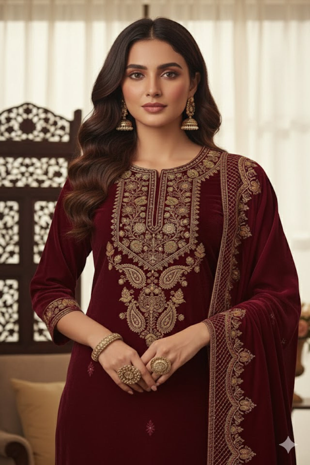 “Premium Wine Velvet Suit with Heavy Golden Embroidery”