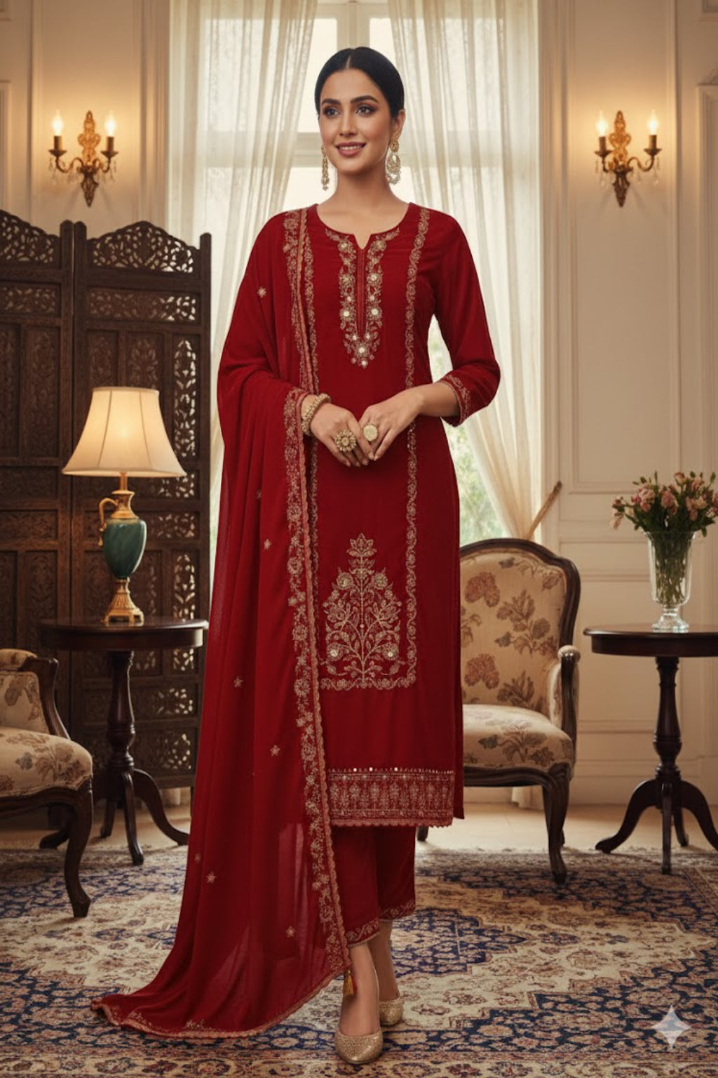“Premium Red Velvet Suit with Intricate Golden Embroidery”