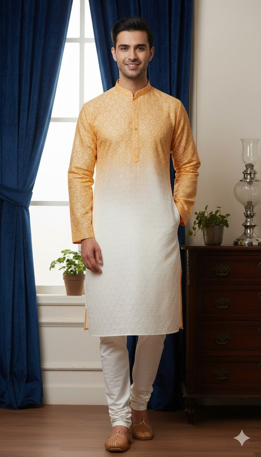 Premium Yellow–White Ombre Kurta for Men