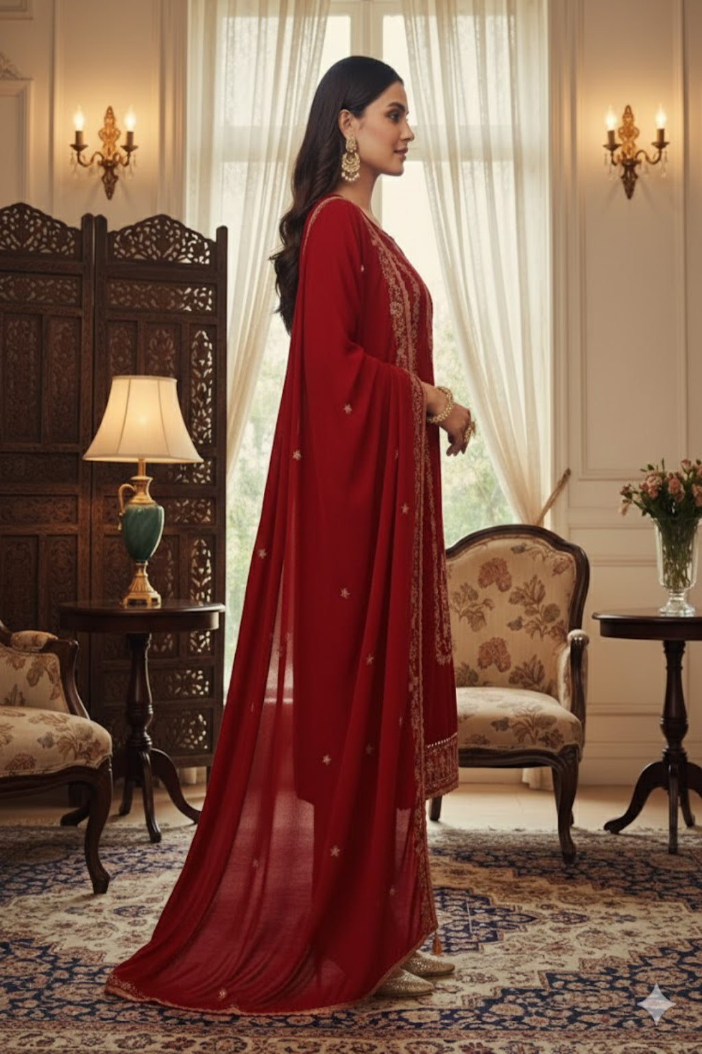 “Premium Red Velvet Suit with Intricate Golden Embroidery”