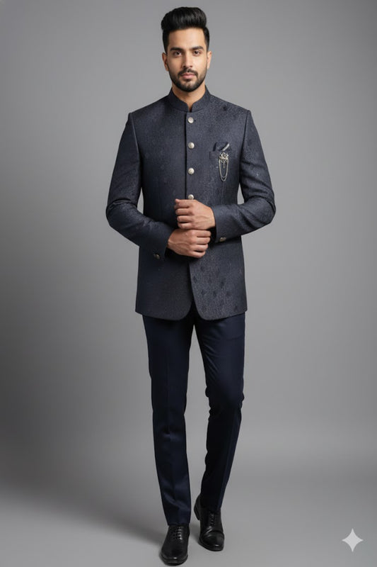 Stitched Designer Suit With Unstitched Pant Fabric – Steel Grey & Navy