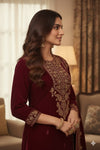 “Premium Wine Velvet Suit with Heavy Golden Embroidery”