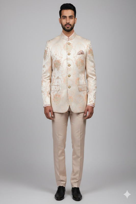 Stitched Designer Suit With Unstitched Pant Fabric – Cream Gold