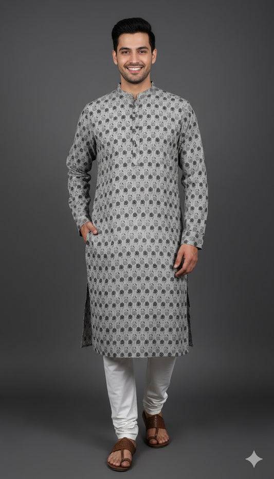 Premium Grey Printed Kurta for Men