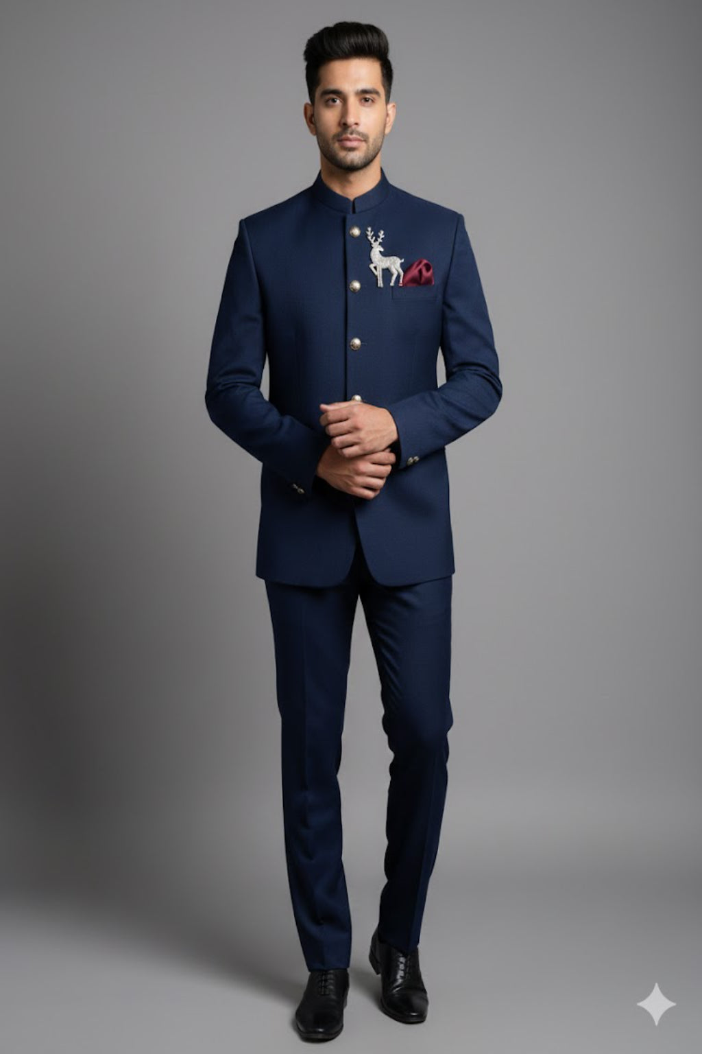 Stitched Designer Suit With Unstitched Pant Fabric – Navy Blue