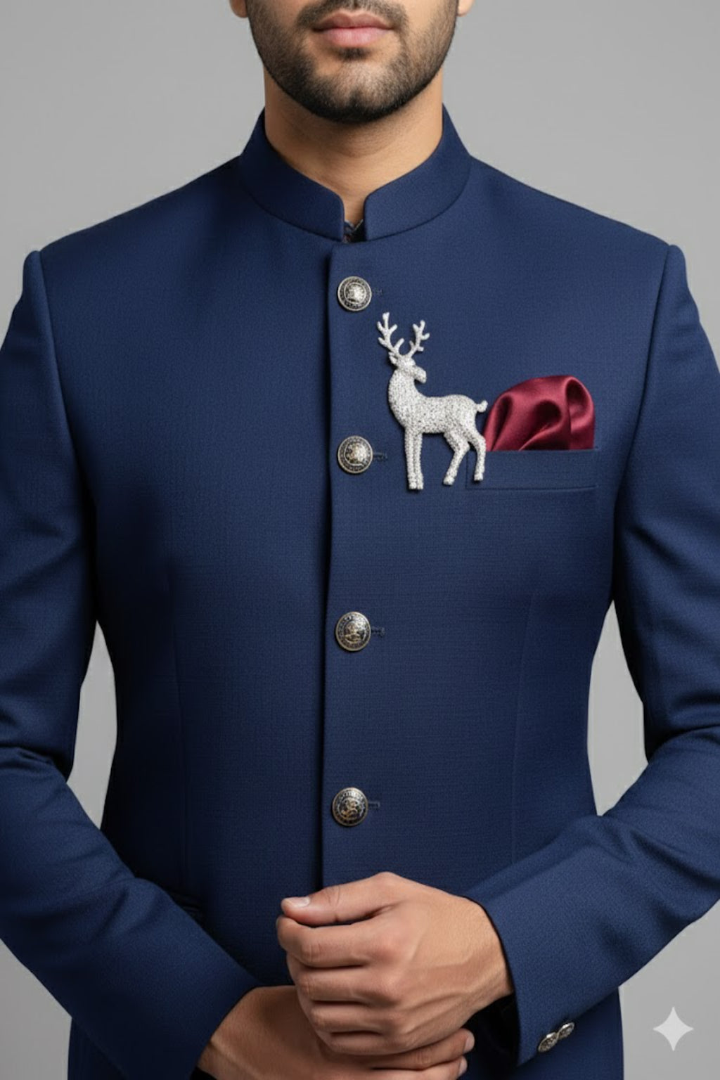 Stitched Designer Suit With Unstitched Pant Fabric – Navy Blue