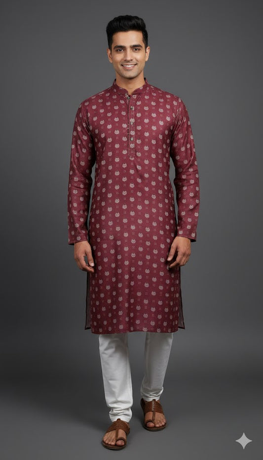 Premium Maroon Printed Festive Kurta for Men