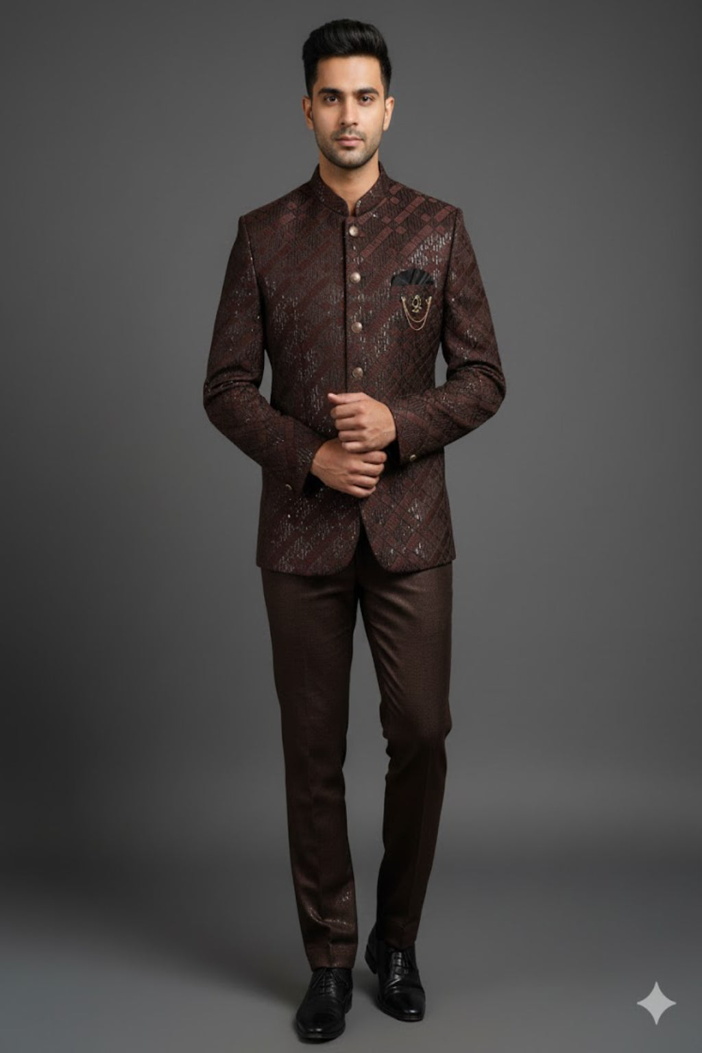 Stitched Designer Suit With Unstitched Pant Fabric – Chocolate Brown