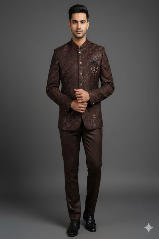 Stitched Designer Suit With Unstitched Pant Fabric – Chocolate Brown
