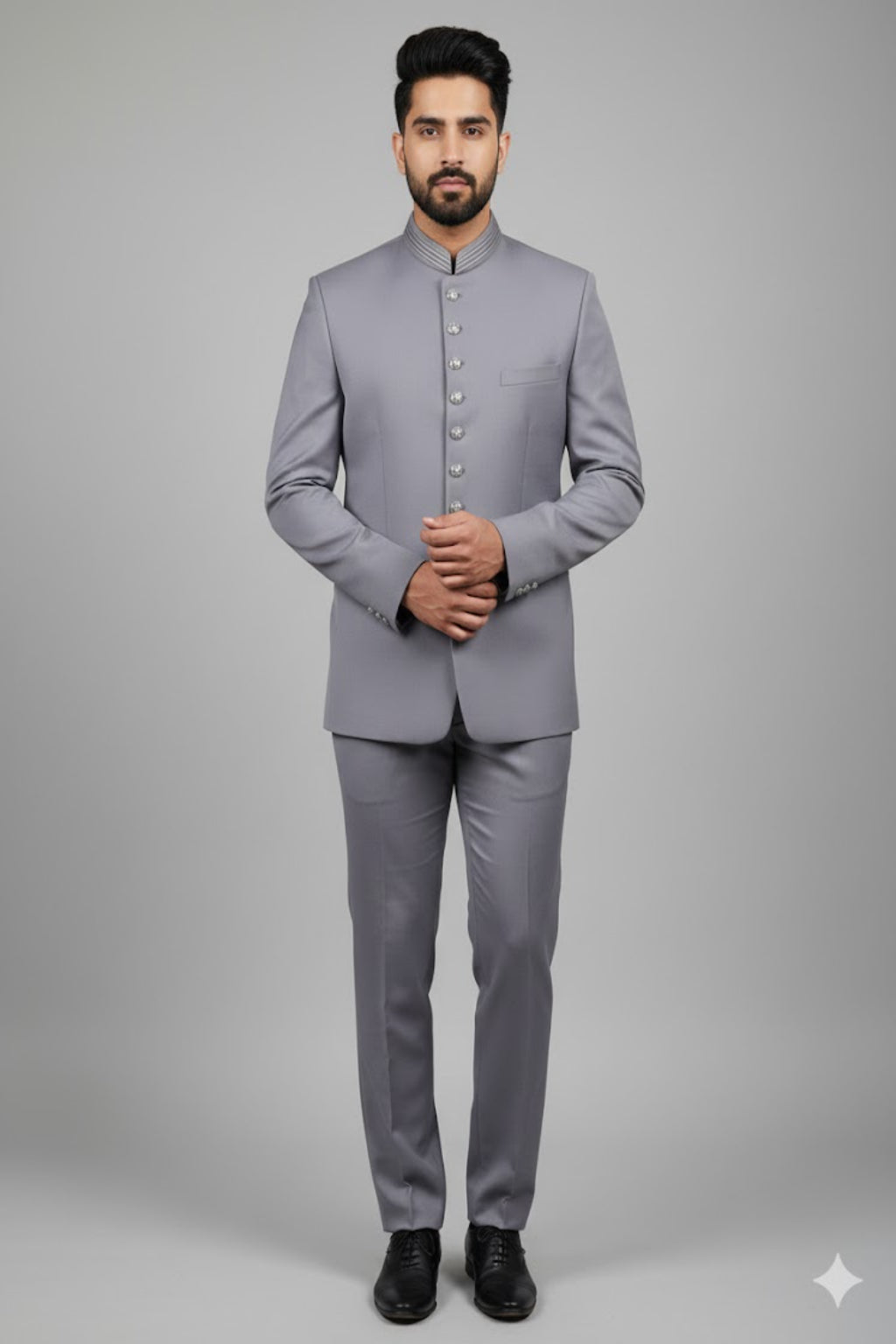 Stitched Designer Suit With Unstitched Pant Fabric – Silver Grey
