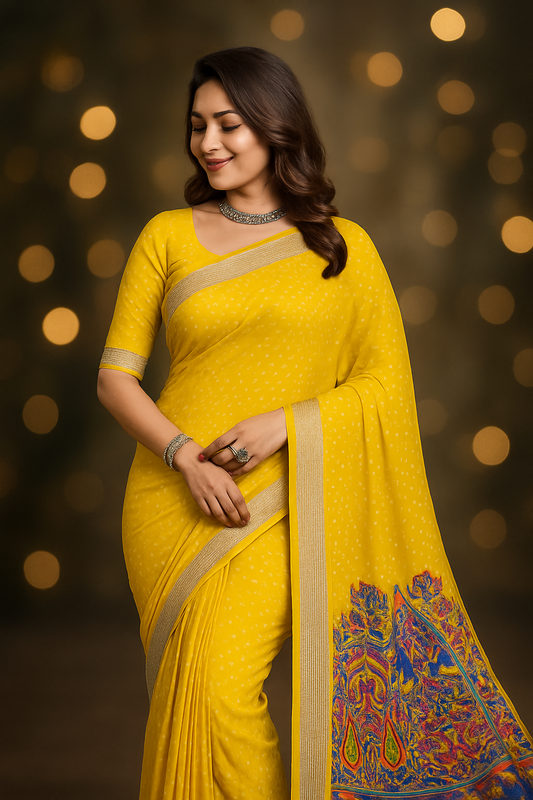Bandhani Style Saree With Silver Zari Border